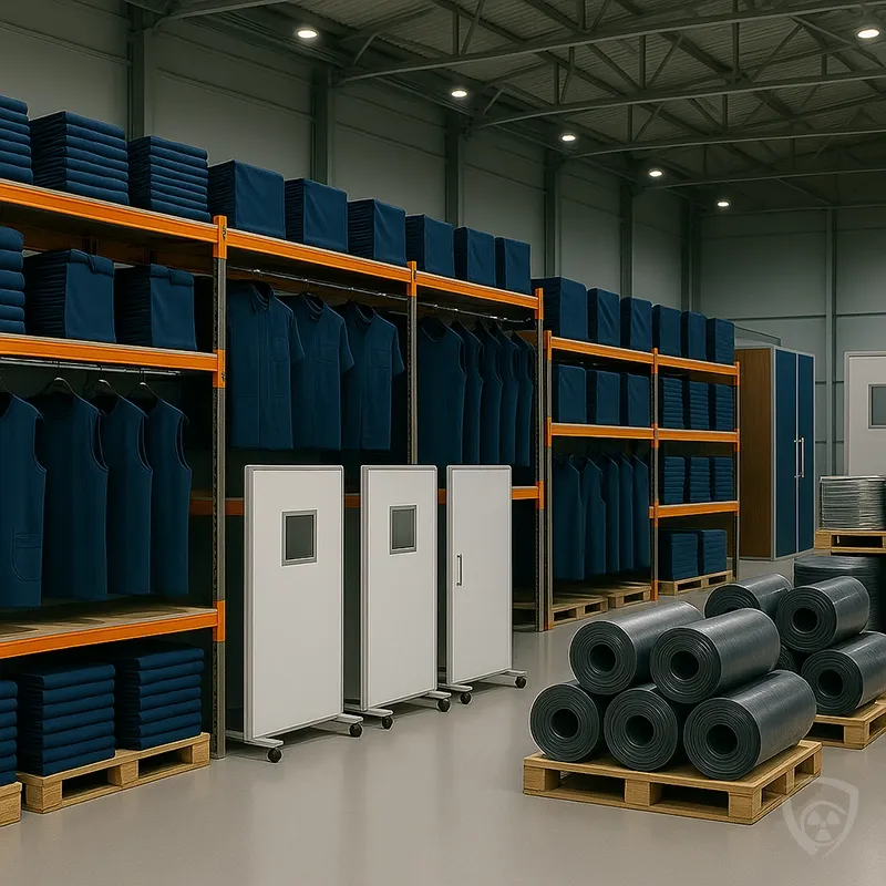 Magazyn firmy Coradika z asortymentem do ochrony radiologicznej – parawany RTG, folie ołowiane i odzież ochronna.