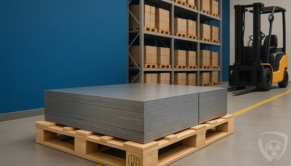 Blacha ołowiana ułożona na palecie euro w magazynie przemysłowym.