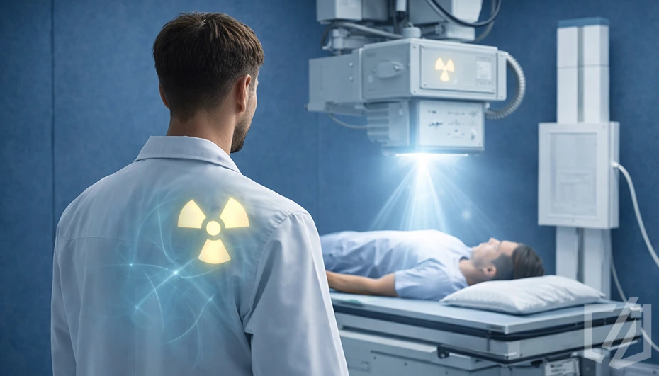 Personel medyczny wykonujący badanie RTG bez odpowiedniej ochrony radiologicznej w gabinecie rentgenowskim Brak ochrony radiologicznej podczas badania RTG – zagrożenia | Coradika