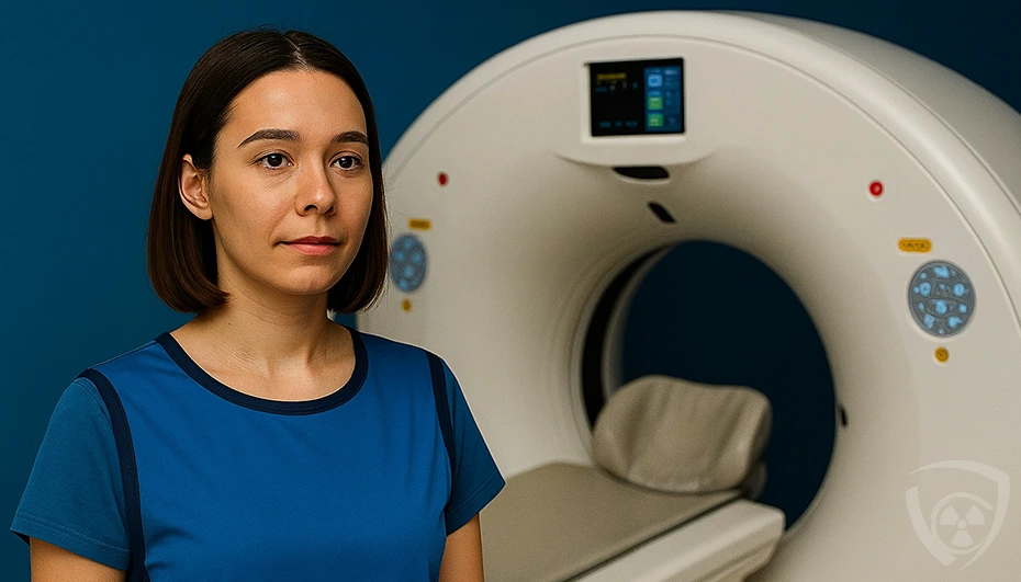 Woman in an X-ray protective apron standing next to a CT scanner in a radiology room