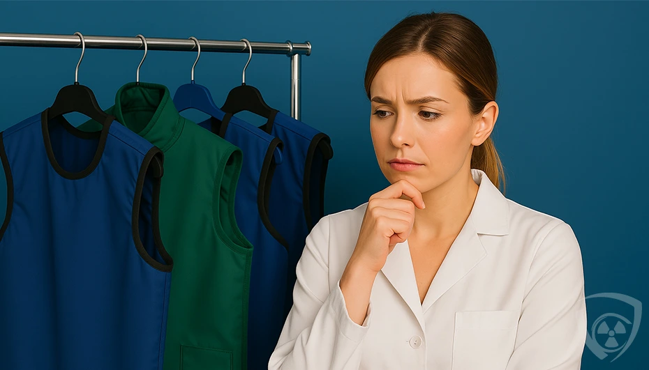 How to choose the perfect X-ray apron? A practical guide by Coradika Woman in a lab coat thoughtfully choosing an X-ray apron from several options on a rack