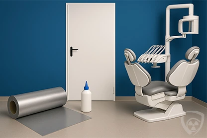 Doors with self-adhesive lead foil for radiological protection.