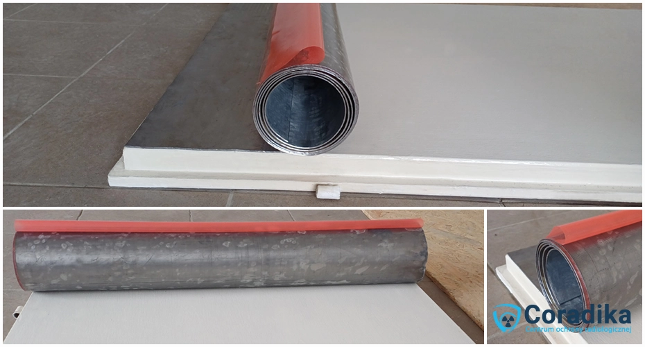 Applying the lead foil to the door.