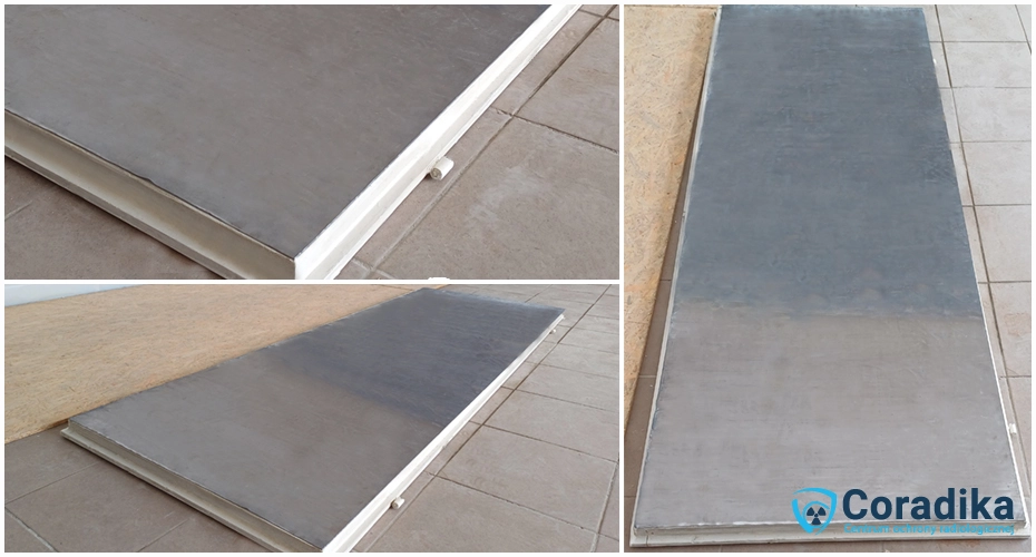 Doors with self-adhesive lead foil for radiological protection.