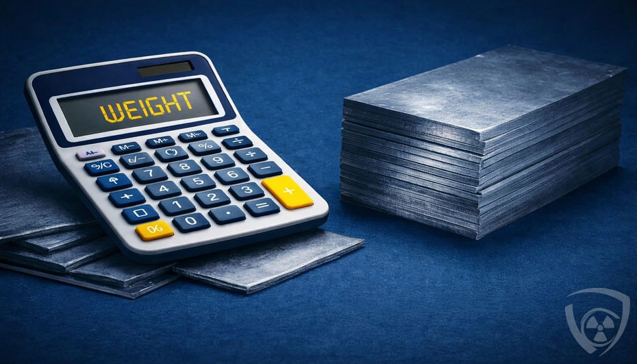 A calculator used to calculate the weight of lead sheets placed next to stacked Pb sheets, visualizing the weight of a high-density material.