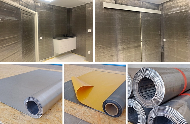 Applications of lead sheets and lead foil in radiological protection – a room with wall shields and rolls of lead foil in various variants.