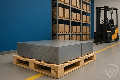 Blacha ołowiana ułożona na palecie euro w magazynie przemysłowym.