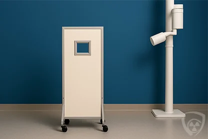 Mobile X-ray screen with a white protective panel and a small window, mounted on wheels in a modern medical facility.