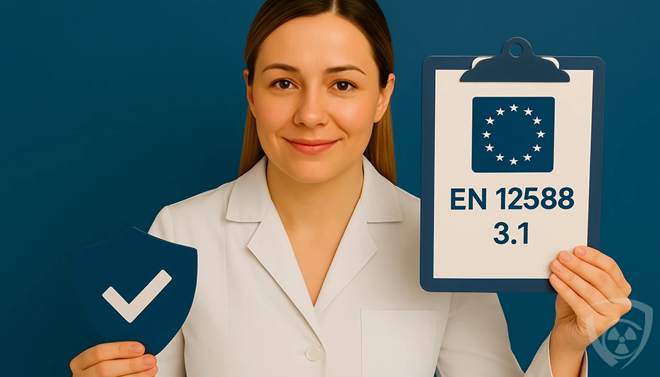 Specjalistka w białym fartuchu trzymająca tablicę i tarczę ochronną na tle niebieskiej ściany