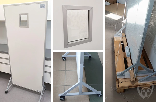 Parawany ochronne RTG Coradika z osłoną ołowianą, w wersji z oknem i bez, na mobilnych kółkach, oraz okno ołowiane do ochrony radiologicznej.