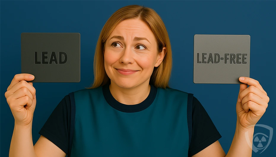 Porównanie fartuchów RTG – ołowiowego i bezołowiowego, leżących na stole w profesjonalnym środowisku radiologicznym.