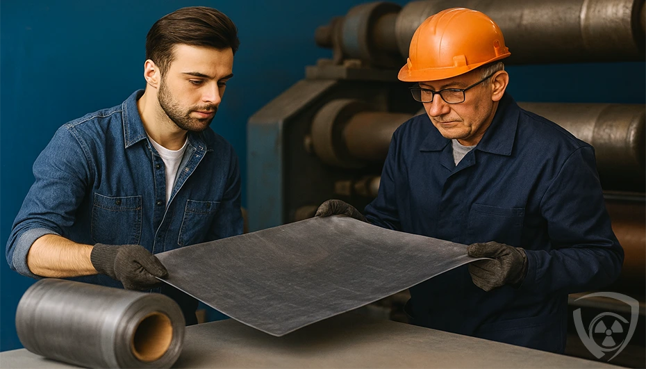 Workers during the production process of lead sheets and lead foils in an industrial hall