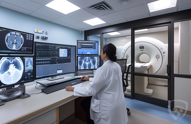Medical technician operating a CT scanner in a modern radiology room, with visible monitors displaying X-ray and ECG images.