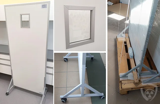 Coradika RTG protective screens with lead shielding, available with or without a window, on mobile wheels, and lead window for radiological protection.