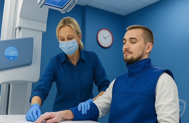 Środki ochrony radiologicznej Coradika – fartuchy RTG zapewniające skuteczną ochronę przed promieniowaniem Pacjent w fartuchu ochronnym RTG podczas badania radiologicznego, asystowany przez technika medycznego w maseczce ochronnej.