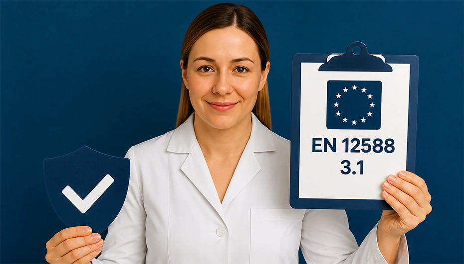 EU Standards in X‑ray Protection 2025 – Protection and Certificates A specialist in a white lab coat holding a clipboard and a protective shield against a blue wall background