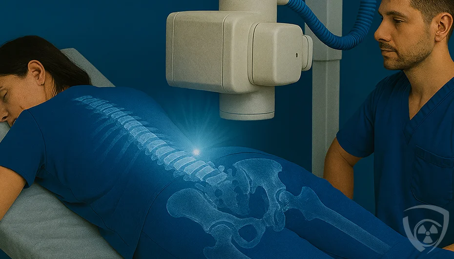 Performing a Spinal X-ray by a Technician – Visualization of the Skeletal System | Coradika An X-ray technician performing a spinal X-ray on a patient lying on her stomach, with bone visualization through clothing.